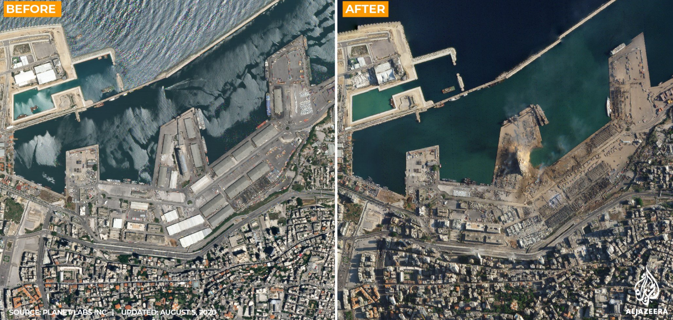 A before and after image highlighting the damage at Beirut Port following the explosion on 4th August